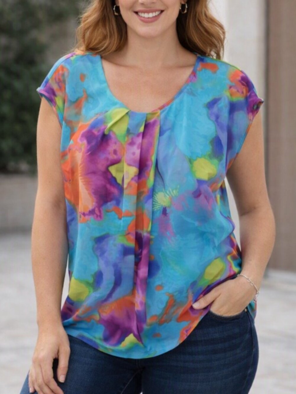 Worthington Painterly Watercolor Sleeveless Blouse Top Shirt L Boho Artistic